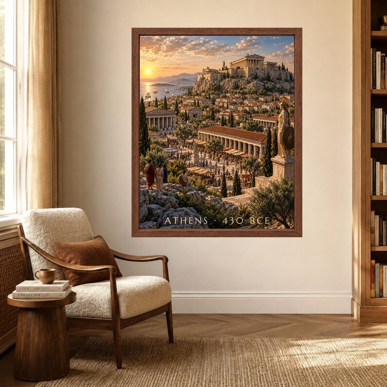 May include: A framed wall art print depicting an ancient cityscape of Athens at sunset. The scene features the Parthenon atop a hill, a bustling marketplace with classical architecture, and a statue in the foreground. The text reads ATHENS 430 BCE.