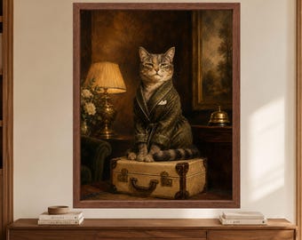 Vintage Hotel Cat Art, Suitcase Travel Poster, Quirky Animal Decor (Digital Download)