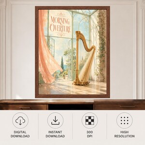 以下が含まれることがあります： 「Morning Overture」と題された額入りアートプリント。大きなガラス窓のある日当たりの良い温室に置かれた黄金のハープ、たなびくピーチ色のカーテン、そして糸杉のある地中海の風景が描かれています。