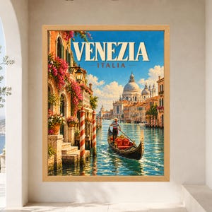 Venice Travel Poster, Gondola Wall Art, Venezia Italy Print, Grand Canal Decor, Digital Download image 8