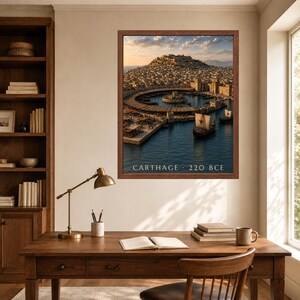 May include: A framed wall art print depicting the ancient city of Carthage in 220 BCE, featuring a circular harbor with sailing ships, stone buildings on a hillside, and a sunset sky. The text CARTHAGE 220 BCE is printed at the bottom of the image.
