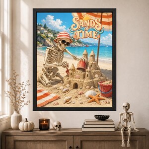 Funny Skeleton Sandcastle Beach Poster, Summer Vacation Art (Digital Download) Bild 8