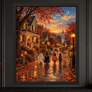 Lámina decorativa de un acogedor pueblo de Halloween, niños pidiendo dulces, calle otoñal (descarga digital) imagen 2