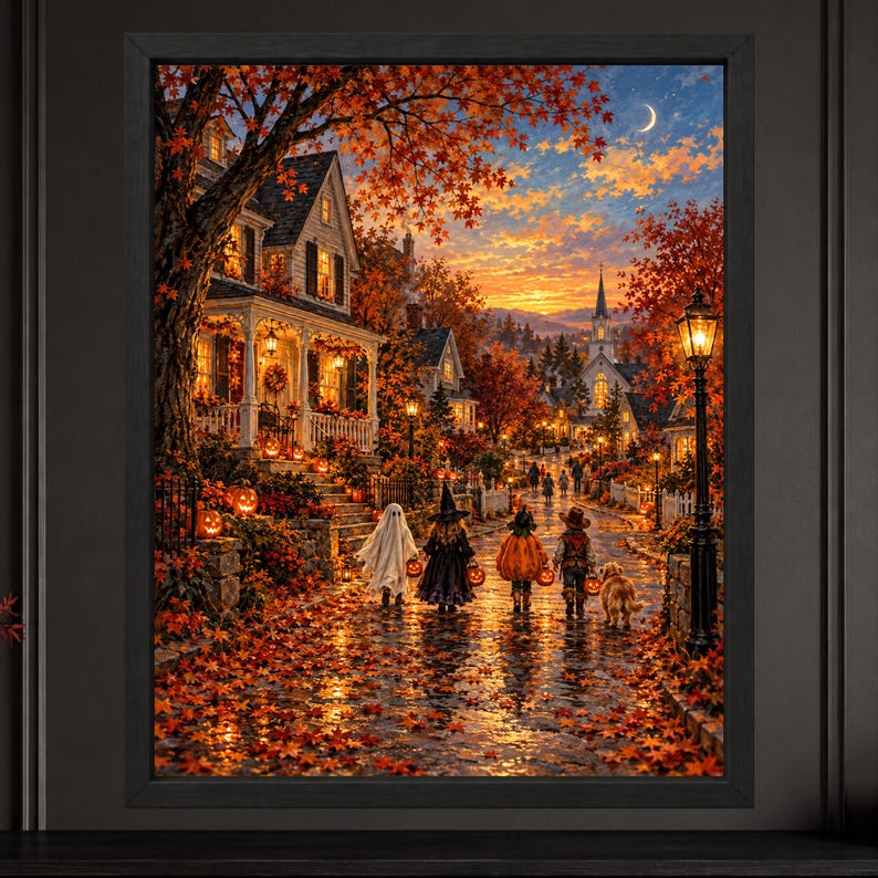 Lámina decorativa de un acogedor pueblo de Halloween, niños pidiendo dulces, calle otoñal (descarga digital) imagen 2