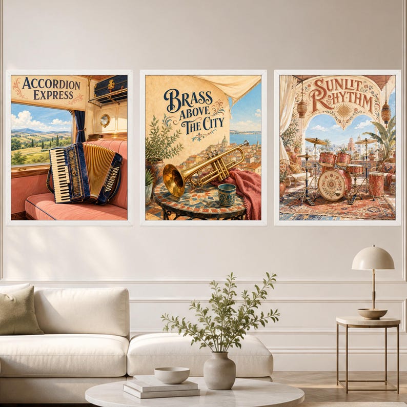 Puede incluir: Tres cuadros de pared con temas musicales. La imagen de la izquierda muestra un acorde&oacute;n en un asiento de tren con el texto Accordion Express. El centro muestra una trompeta sobre una mesa con el texto Brass Above The City. La imagen de la derecha muestra una bater&iacute;a en un balc&oacute;n con el texto Sunlit Rhythm.