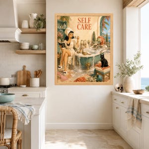 May include: A framed wall art print titled SELF CARE featuring a pin-up style illustration of a person in a white robe reading a book next to a skeleton in a bubble bath with a black cat sitting on a stool, all set in a bathroom scene.