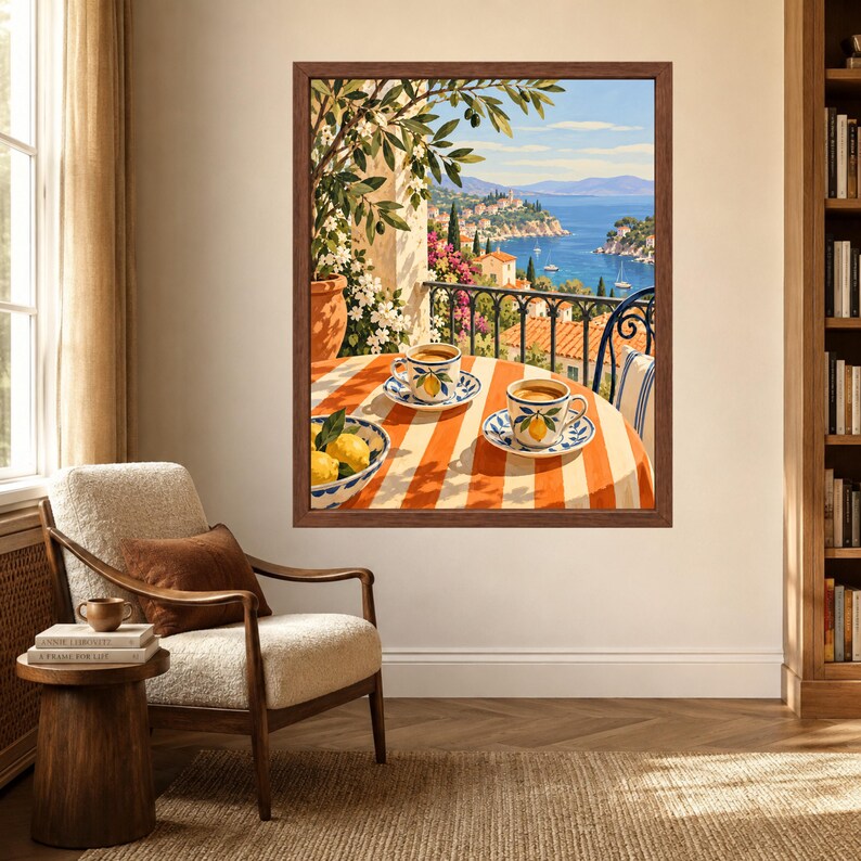 Mediterranean Coffee Print, Italian Coastal Cafe Art, Lemon Espresso Poster (Digital Download) image 3