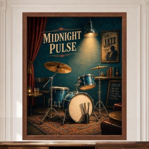 May include: A framed wall art print titled Midnight Pulse featuring a blue drum kit in a dimly lit room with red curtains, a jazz poster, and a set list chalkboard. The scene includes a hanging lamp, a small table with a glass, and a patterned rug.