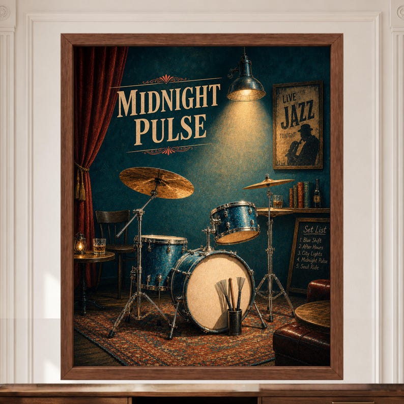 May include: A framed wall art print titled Midnight Pulse featuring a blue drum kit in a dimly lit room with red curtains, a jazz poster, and a set list chalkboard. The scene includes a hanging lamp, a small table with a glass, and a patterned rug.