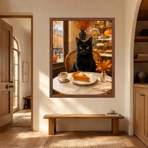 May include: A framed wall art print depicting a black cat sitting at a round marble table in a cafe. On the table sits a slice of pumpkin pie on a plate, a cup of coffee, and a small vase with orange autumn leaves. The background shows a window.