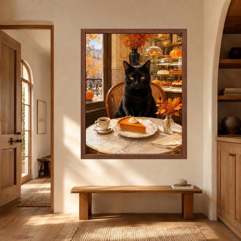 May include: A framed wall art print depicting a black cat sitting at a round marble table in a cafe. On the table sits a slice of pumpkin pie on a plate, a cup of coffee, and a small vase with orange autumn leaves. The background shows a window.