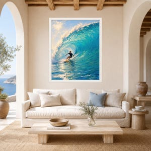 May include: A framed wall art print featuring a vibrant oil painting of a surfer riding inside a large, curling turquoise ocean wave. The scene captures the bright sunlight reflecting off the water surface, creating a dynamic and immersive coastal view.