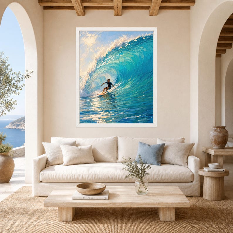 May include: A framed wall art print featuring a vibrant oil painting of a surfer riding inside a large, curling turquoise ocean wave. The scene captures the bright sunlight reflecting off the water surface, creating a dynamic and immersive coastal view.