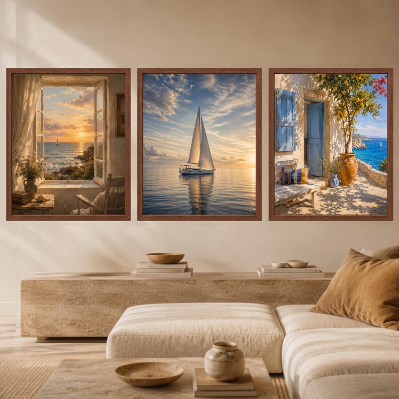 May include: A set of three framed wall art prints featuring coastal scenes. The left print shows a sunset view from an open window, the center print depicts a sailboat on calm water at sunset, and the right print shows a Mediterranean patio.