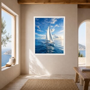 May include: A framed wall art print featuring a white sailboat with a tall mast sailing across deep blue ocean waters under a bright sky with scattered white clouds and a visible sun flare reflecting on the surface of the sea.