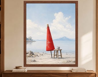 Japońska czerwona plaża Wagasa, japońska sztuka nadmorska, plakat wabi sabi zen (pobieranie cyfrowe)