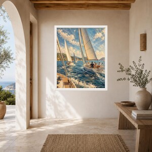 Puede incluir: Una impresi&oacute;n de arte mural enmarcada que representa una escena de varios veleros navegando en aguas oce&aacute;nicas de color azul profundo bajo un cielo brillante con nubes blancas dispersas. El velero principal tiene velas blancas.