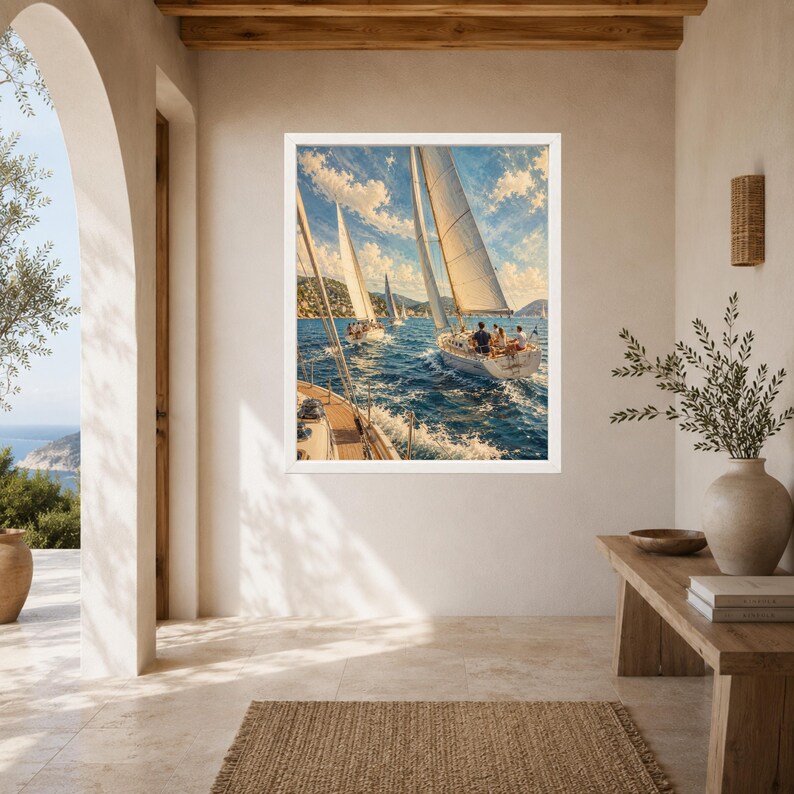 Puede incluir: Una impresi&oacute;n de arte mural enmarcada que representa una escena de varios veleros navegando en aguas oce&aacute;nicas de color azul profundo bajo un cielo brillante con nubes blancas dispersas. El velero principal tiene velas blancas.