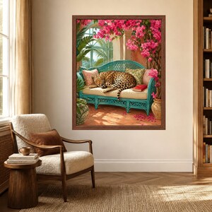 Leopard Wall Art, Tropical Jungle Poster, Big Cat Print, Botanical Boho Decor, Digital Download afbeelding 5