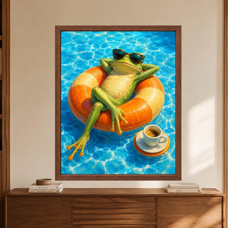 Framed funny frog wall art showing a green frog wearing dark sunglasses and relaxing cross-legged on an orange pool float beside a small espresso cup in bright turquoise swimming pool water.