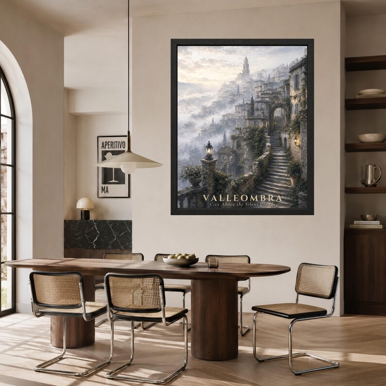 May include: A framed vertical wall art print titled VALLEOMBRA City Above the Silent Clouds, depicting a stone staircase winding through a misty, ancient hillside village with glowing lanterns and architectural details in muted earth tones.