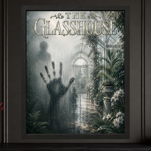 May include: A framed wall art print titled THE GLASSHOUSE, depicting a misty greenhouse interior with lush green plants, white flowers, and a large handprint pressed against a fogged glass pane, set within a dark, rectangular frame.