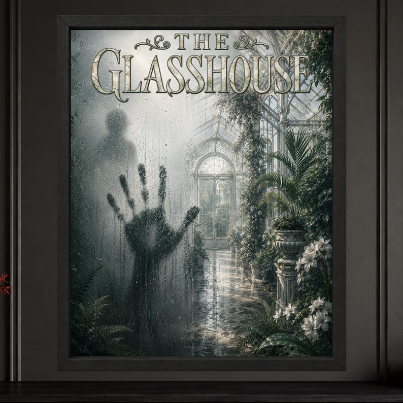 May include: A framed wall art print titled THE GLASSHOUSE, depicting a misty greenhouse interior with lush green plants, white flowers, and a large handprint pressed against a fogged glass pane, set within a dark, rectangular frame.