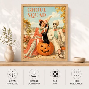 May include: A framed wall art print titled GHOUL SQUAD featuring a woman in a red dress and witch hat sitting next to a skeleton in a beige suit. A black cat emerges from a large orange jack-o'-lantern between them in a garden setting.