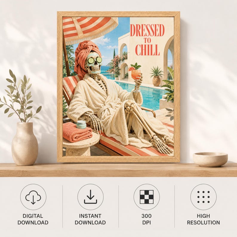 May include: A framed wall art print titled DRESSED TO CHILL featuring a skeleton wearing a beige bathrobe, a pink towel wrap, and cucumber slices over its eye sockets. The skeleton reclines on a lounge chair by a pool, holding a cocktail.