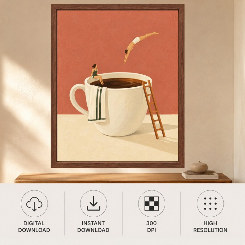 May include: A framed wall art print featuring a large white coffee cup filled with dark liquid against a terracotta background. A person in a green swimsuit sits on the rim with a towel, while another dives into the coffee near a wooden ladder.