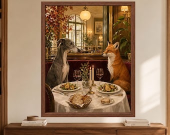 Greyhound Fox Dinner Art, Whimsical Animal Restaurant Scene (Digital Download)