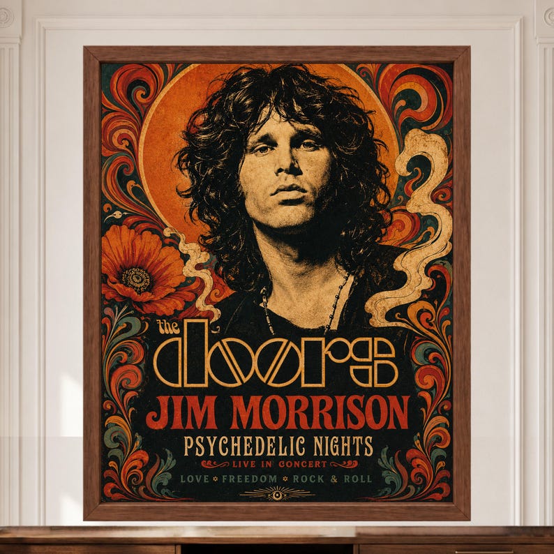 May include: A framed poster featuring a portrait of Jim Morrison with long dark hair, surrounded by orange, red, and teal swirling floral patterns. The text reads: The Doors, Jim Morrison, Psychedelic Nights, Live in Concert, Love, Freedom, Rock & Roll.