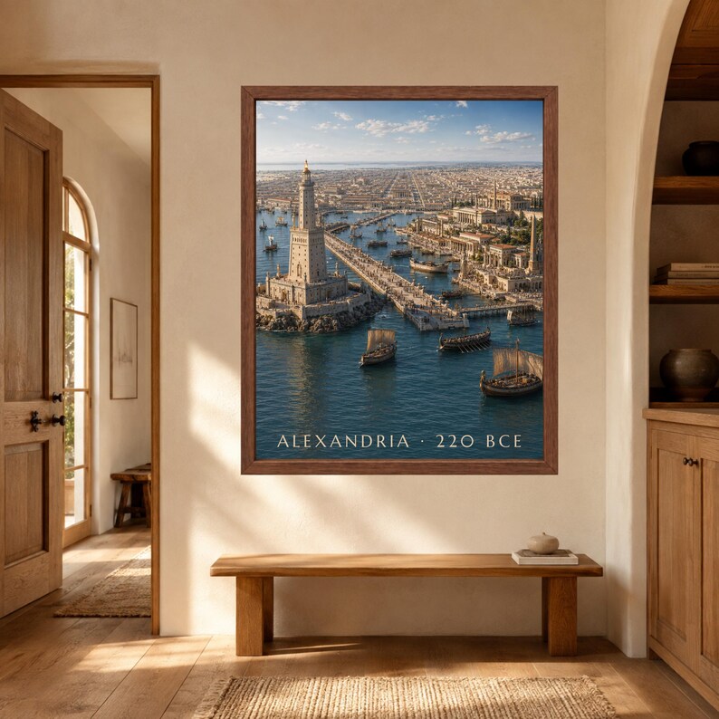 May include: A framed wall art print depicting the ancient city of Alexandria in 220 BCE, featuring the Lighthouse of Alexandria, a long causeway, and several wooden sailing ships on the water, with the text ALEXANDRIA 220 BCE at the bottom.