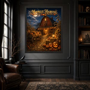 May include: A framed wall art print titled Moonlit Harvest featuring a rustic red barn at night under a full moon. The scene includes a wooden wagon filled with pumpkins, glowing jack-o'-lanterns on the ground, hay bales, and corn stalks.