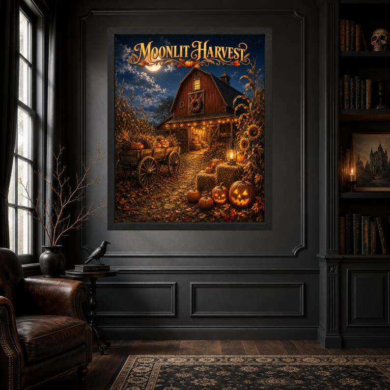 May include: A framed wall art print titled Moonlit Harvest featuring a rustic red barn at night under a full moon. The scene includes a wooden wagon filled with pumpkins, glowing jack-o'-lanterns on the ground, hay bales, and corn stalks.