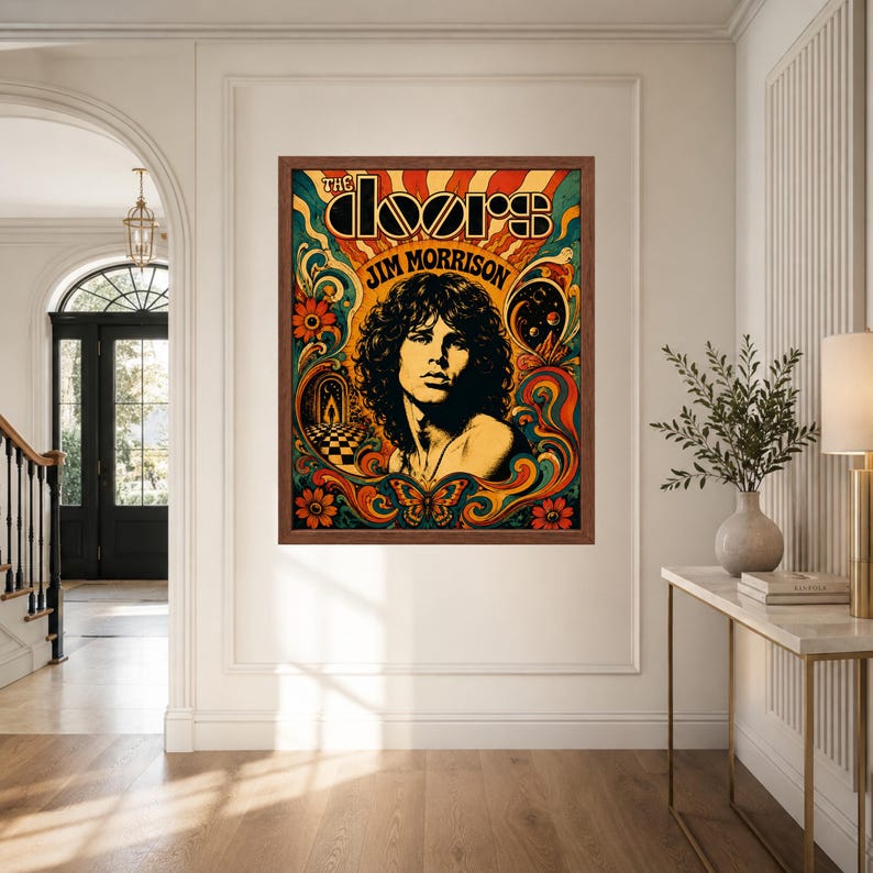 May include: A framed rectangular wall poster featuring a stylised portrait of Jim Morrison with long dark hair. The artwork includes the text THE DOORS and JIM MORRISON surrounded by vibrant orange, yellow, teal, and red swirling patterns.