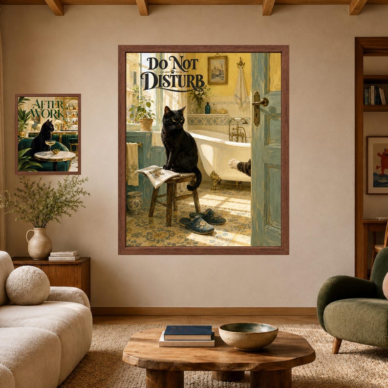 May include: Two framed wall art prints featuring black cats. The larger print shows a black cat sitting on a stool in a bathroom with the text DO NOT DISTURB. The smaller print shows a black cat sitting at a table with the text AFTER WORK.