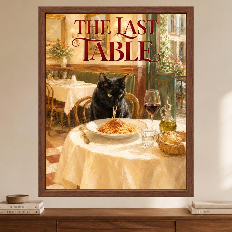 Pu&ograve; includere: Una stampa artistica incorniciata intitolata THE LAST TABLE che raffigura un gatto nero seduto a un tavolo rotondo con una tovaglia bianca, mentre mangia un piatto di spaghetti. Sono presenti un calice di vino rosso, un bicchiere d'acqua e pane.
