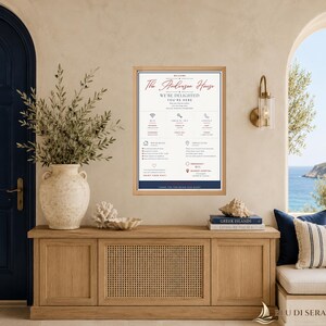 Puede incluir: Un letrero de pared rectangular enmarcado con fondo blanco y texto en azul oscuro y rojo titulado The Anderson House. El letrero proporciona informaci&oacute;n para hu&eacute;spedes, incluyendo Wi-Fi, horarios de entrada y salida, contacto y reglas.