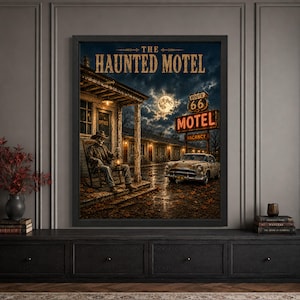 Framed haunted motel Halloween wall art featuring a skeleton holding a lantern outside a weathered Route 66 roadside motel, with a vintage car, glowing neon vacancy sign, full moon and bold “The Haunted Motel” typography.