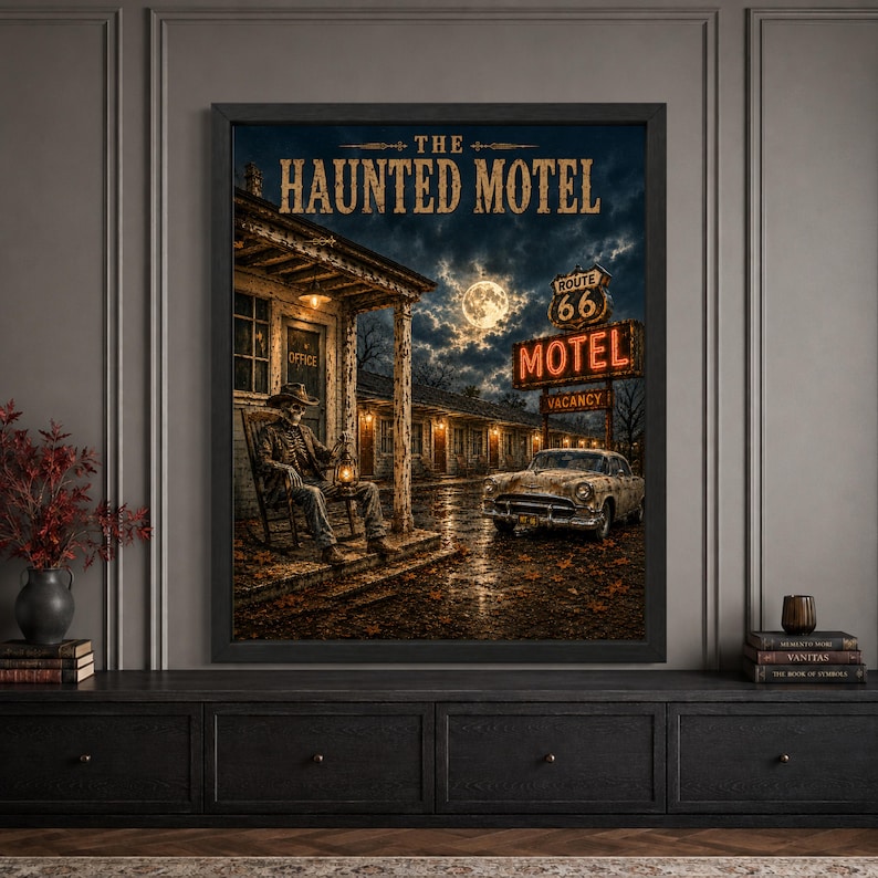 Framed haunted motel Halloween wall art featuring a skeleton holding a lantern outside a weathered Route 66 roadside motel, with a vintage car, glowing neon vacancy sign, full moon and bold “The Haunted Motel” typography.