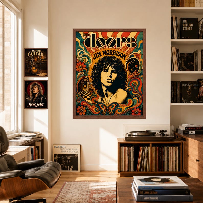 May include: A framed wall poster featuring a portrait of Jim Morrison surrounded by colourful psychedelic patterns, floral motifs, and a butterfly. The text reads THE DOORS and JIM MORRISON. The artwork uses a vibrant palette of orange, teal, and yellow.