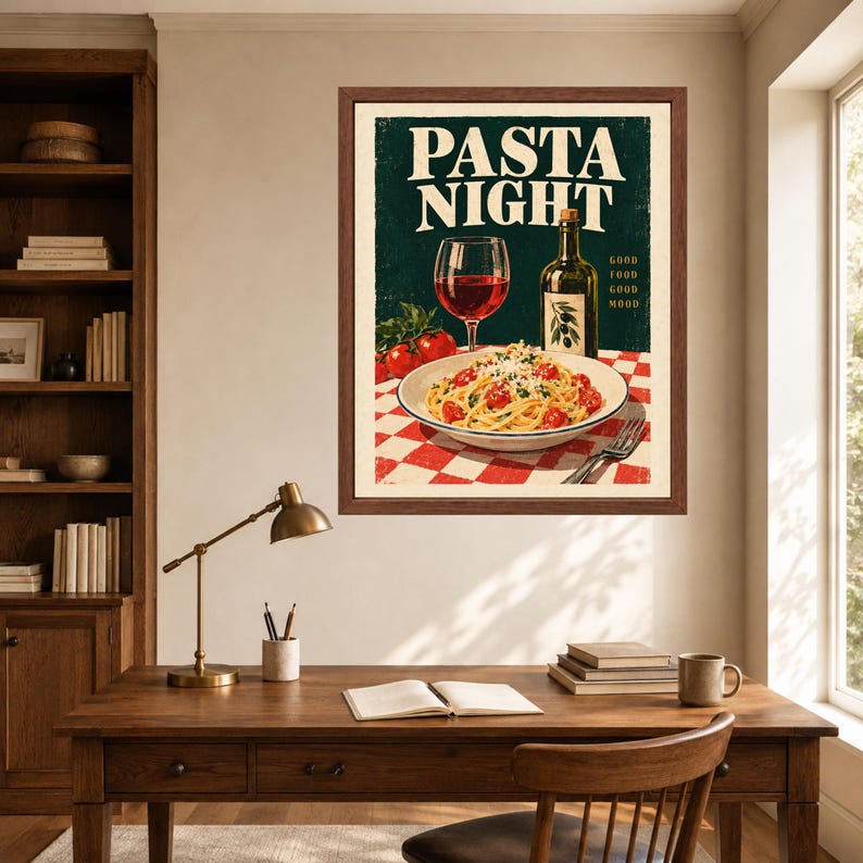 Pasta Night Poster, Retro Italian Kitchen Art, Wine & Olive Oil Print (Digital Download) image 6