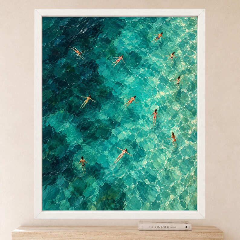 Aerial Ocean Swimmers Print, Turquoise Sea Pattern, Coastal Art (Digital Download) image 2