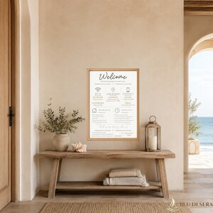 May include: A framed white sign with black text titled Welcome, featuring sections for Wi-Fi network and password, location, contact phone and email, house rules, and check-out instructions, displayed on a wall above a wooden bench.