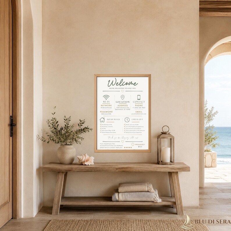 May include: A framed white sign with black text titled Welcome, featuring sections for Wi-Fi network and password, location, contact phone and email, house rules, and check-out instructions, displayed on a wall above a wooden bench.