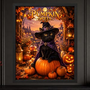 May include: A framed wall art print titled PUMPKIN SPELL featuring a black cat wearing a purple witch hat and cape, sitting atop a large orange pumpkin. The scene includes glowing jack-o'-lanterns, autumn foliage, and lanterns in a warm, magical setting.