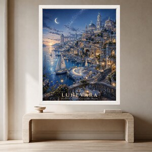 May include: A framed wall art print depicting a coastal city at twilight with a crescent moon in the sky, a sailboat on the water, and stone architecture. The text LUNEVARA Harbor of the Crescent Moon is printed in gold at the bottom center.