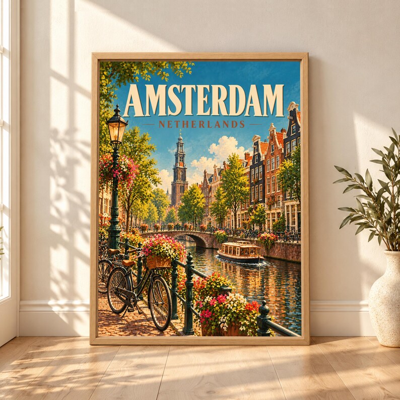 Framed Amsterdam Netherlands travel poster showing a canal with a black bicycle, flower-covered railings, historic Dutch houses, an arched bridge, canal boat and Westerkerk tower under a clear blue sky.