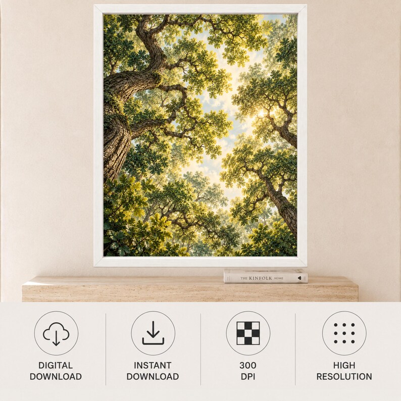 May include: A framed wall art print featuring a low-angle view of a dense forest canopy with sunlight filtering through green leaves and textured tree trunks. The image displays a bright sky visible between the branches of the tall, mature trees.